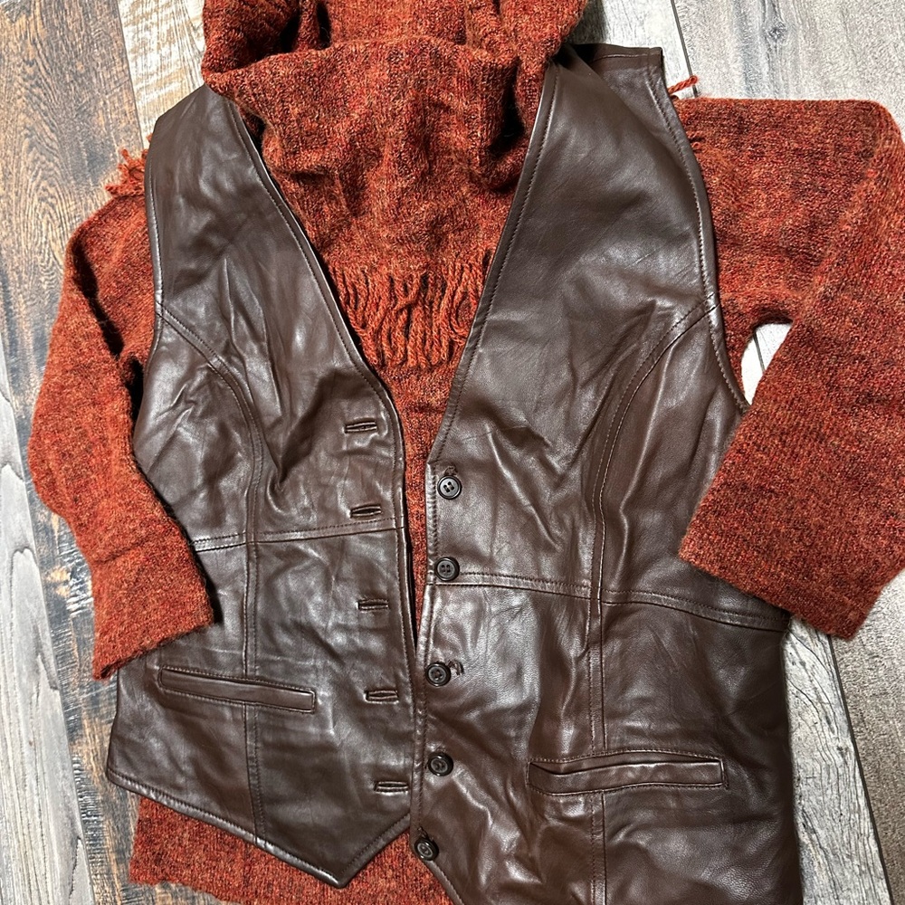 CAbi Brown Leather Vest with Rust Sweater